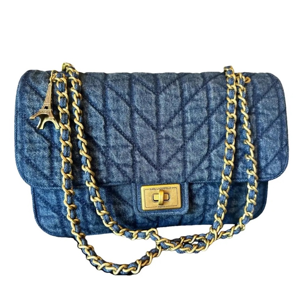 Karl Lagerfeld Blue Denim Shoulder Bag with Gold Accents